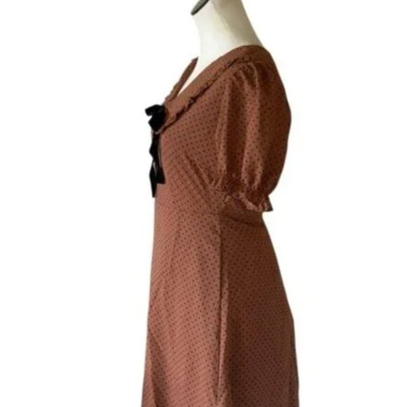 NWOT Blu Pepper POLKA DOT COLLARED VELVET TIE MINI BABYDOLL DRESS RUST BROWN - Picture 7 of 9